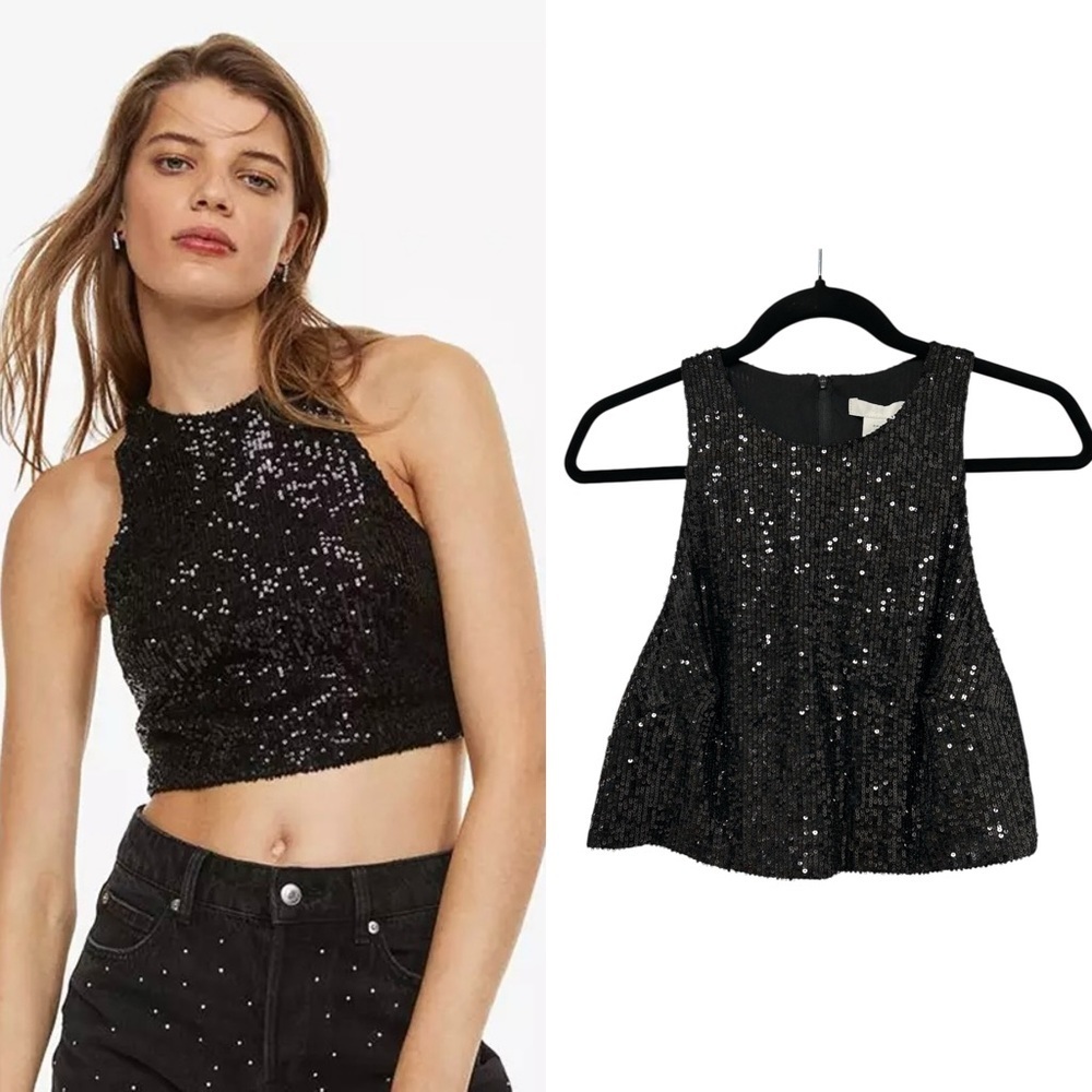 NWT H&M Black Sequined Mesh Crop Top, Sleeveless, Size L